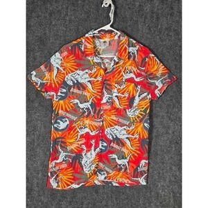 Jurassic Park Mens Short Sleeve Rayon Button Down Shirt Red Raptor Print Medium